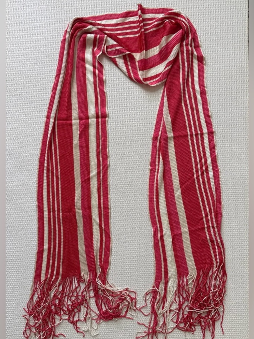 Ann Taylor Striped Red and Cream Lightweight Fringe Scarf!